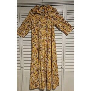 Vintage 60s 70s Kaftan Dress W/Egyptian Pattern Print Sz L Zip W/3/4 Sleeves